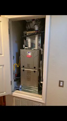 A newly installed heating unit inside a small closet space by AIS Heating & Air Conditioning in Livermore.
