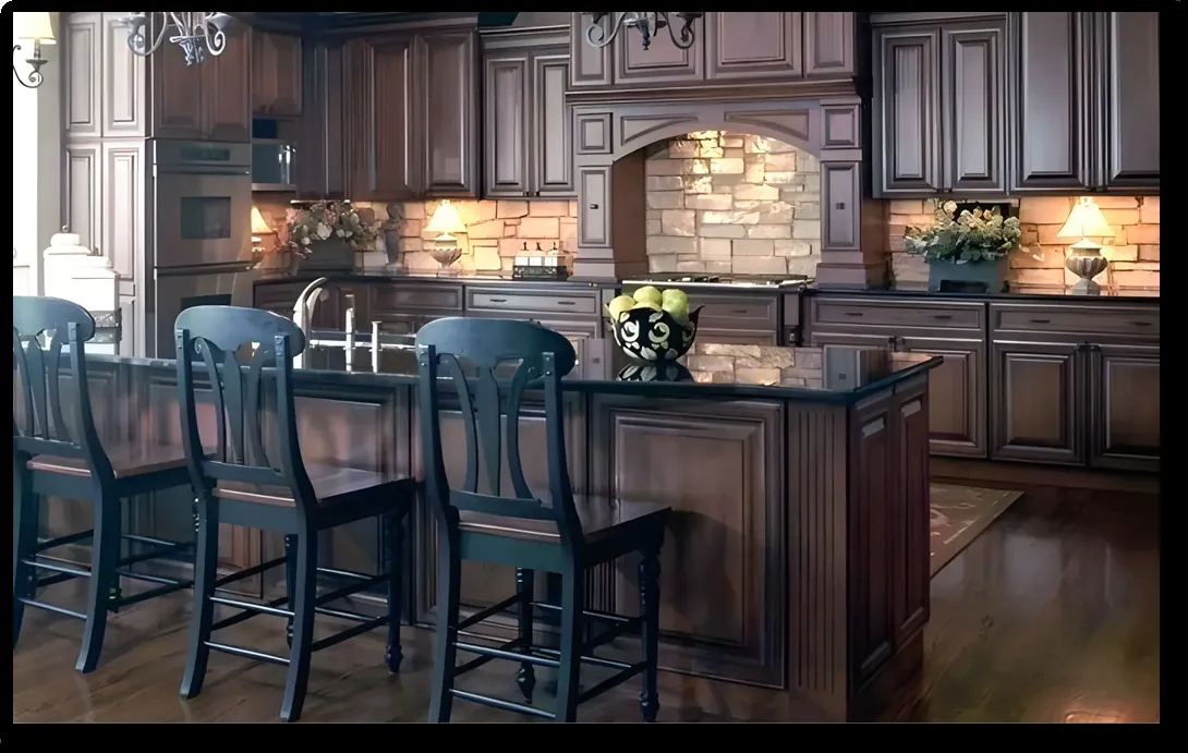 A modern kitchen featuring dark wood cabinetry, a central island with barstools, decorative lighting, and a cozy ambiance by Abrew Repair and Construction in Pleasanton.