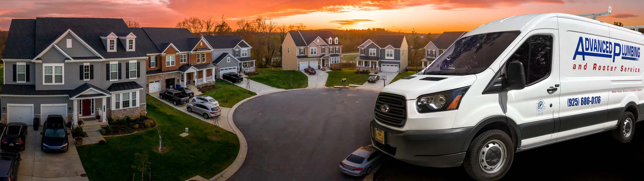A white Advanced Plumbing and Rooter Service van parked in a residential neighborhood in San Ramon at sunset, with several houses surrounding a cul-de-sac.