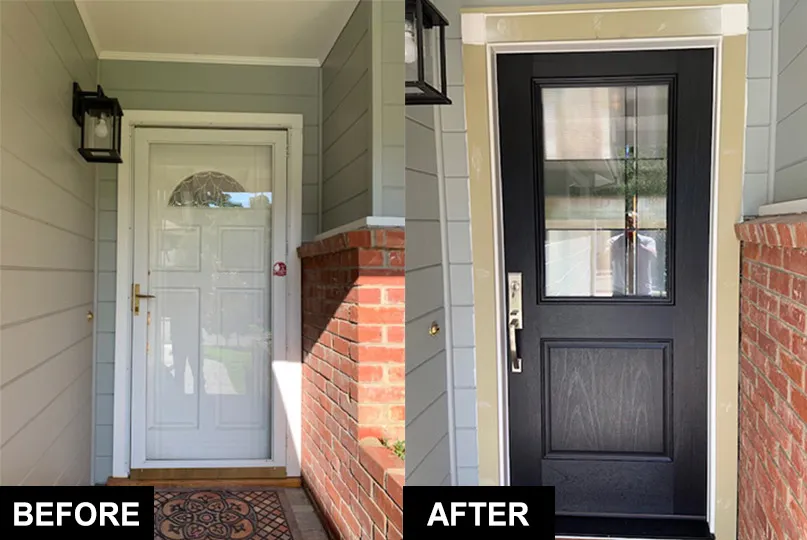 Comparison image showing a home's entryway before and after a door replacement by Alexander Company in Burlingame; the before image features a plain white door, while the after image displays a sleek, modern black door with glass panels.