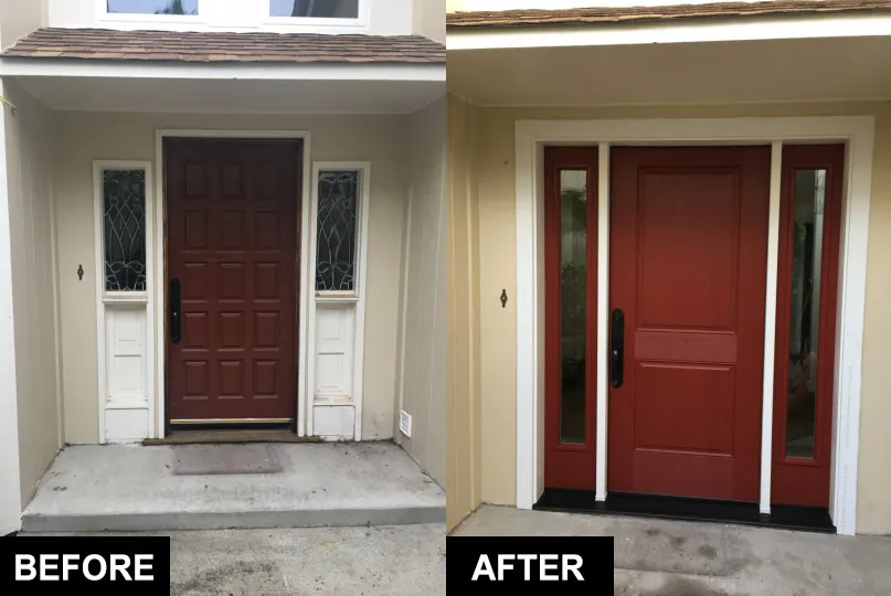Before and after images of a home entrance renovation by Alexander Company in Burlingame, showcasing an updated, modern red door with sidelights.