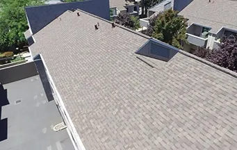 Aerial view of a residential roof with uniform shingles installed by All Seasons Roofing & Waterproofing, Inc. in San Jose.