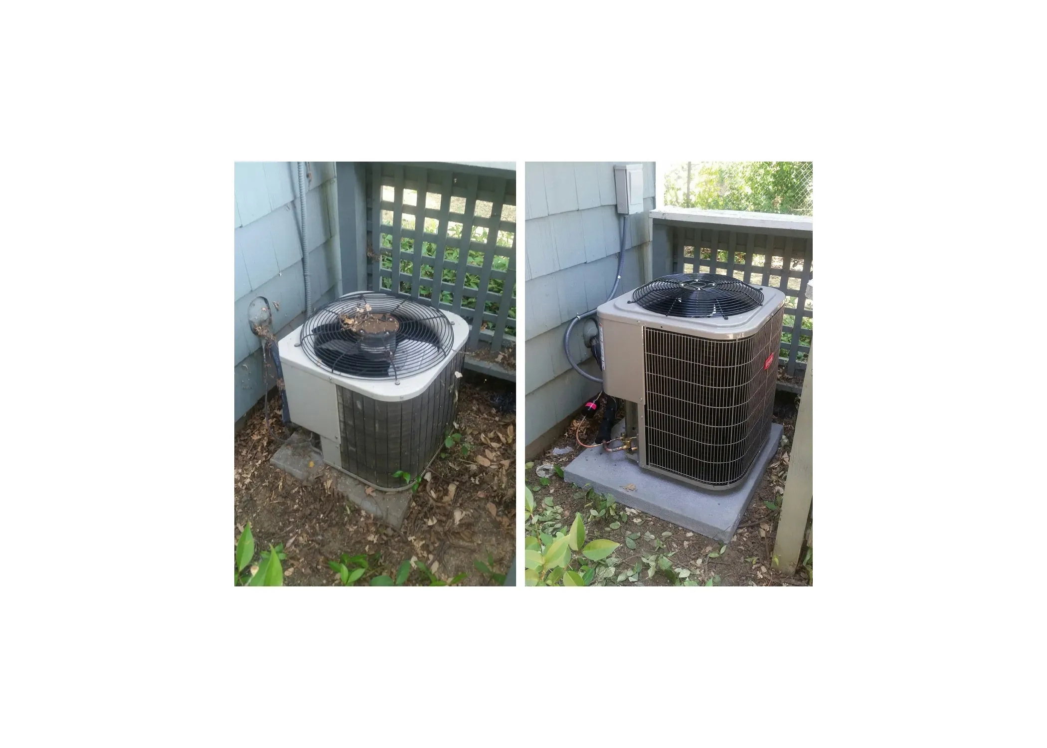 Side-by-side images showing an older air conditioning unit on the left and a newly installed unit on the right, highlighting the upgraded installation by All Weather Heating & Air Conditioning Inc. in Vacaville.