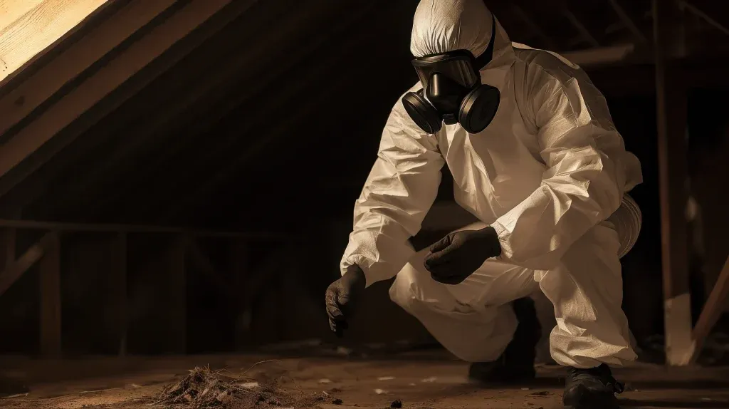 Person in protective suit and gas mask inspecting debris in an attic with sunlight filtering through the wooden structure.