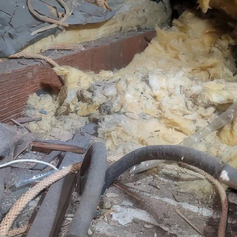 Image of a deteriorated and messy insulation area with exposed pipes and debris, illustrating the type of challenges addressed by AlleyCat in SanLeandro.