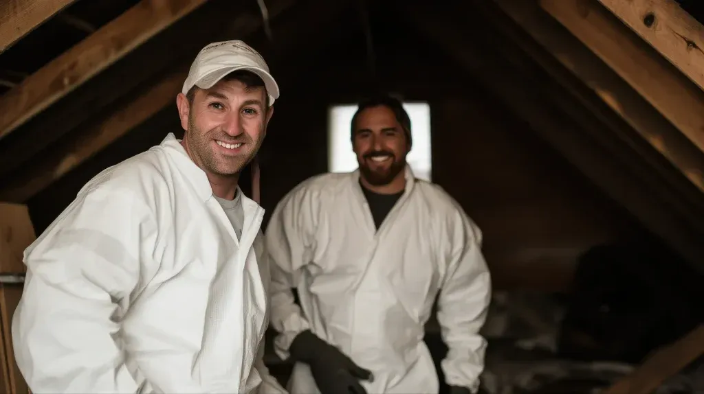 Two people in white protective suits smiling while working in an attic, demonstrating AlleyCat's service quality in San Leandro.