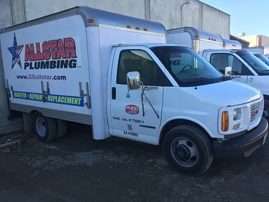 Allstar Plumbing truck parked in a lot in San Jose, featuring company branding and service offerings on the side.
