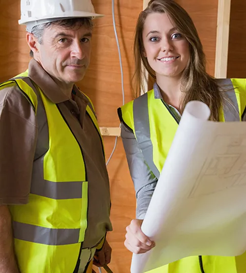 Two professionals in safety vests and hard hats holding blueprints, representing Alltek Restoration, Inc. in Pittsburg.