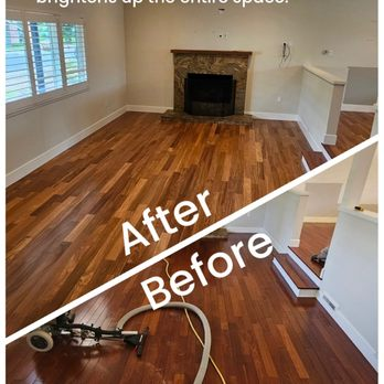 A before-and-after comparison of a room with hardwood floors. The bottom image shows the floor being sanded, and the top image reveals the newly finished floor, highlighting the transformation by Alva Flooring Inc. in Oakland.