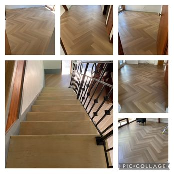 A collage of images showcasing herringbone pattern flooring and wooden stairs installed by Alva Flooring Inc. in Oakland.