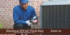 A technician in a blue uniform kneels by an outdoor HVAC unit with tools, highlighting National HVAC Tech Day on June 22.