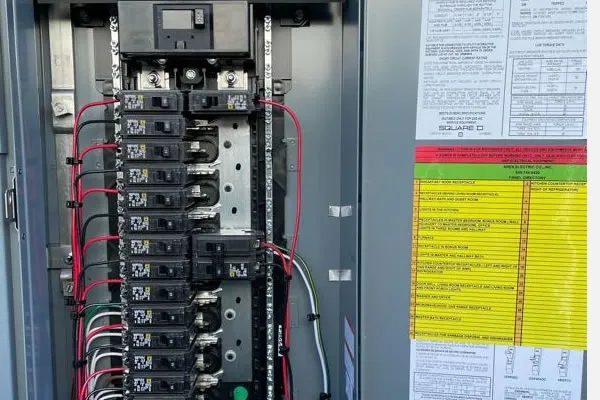An intricate electrical panel with neatly organized wiring and circuit breakers, accompanied by a labeled instruction sheet on the door.