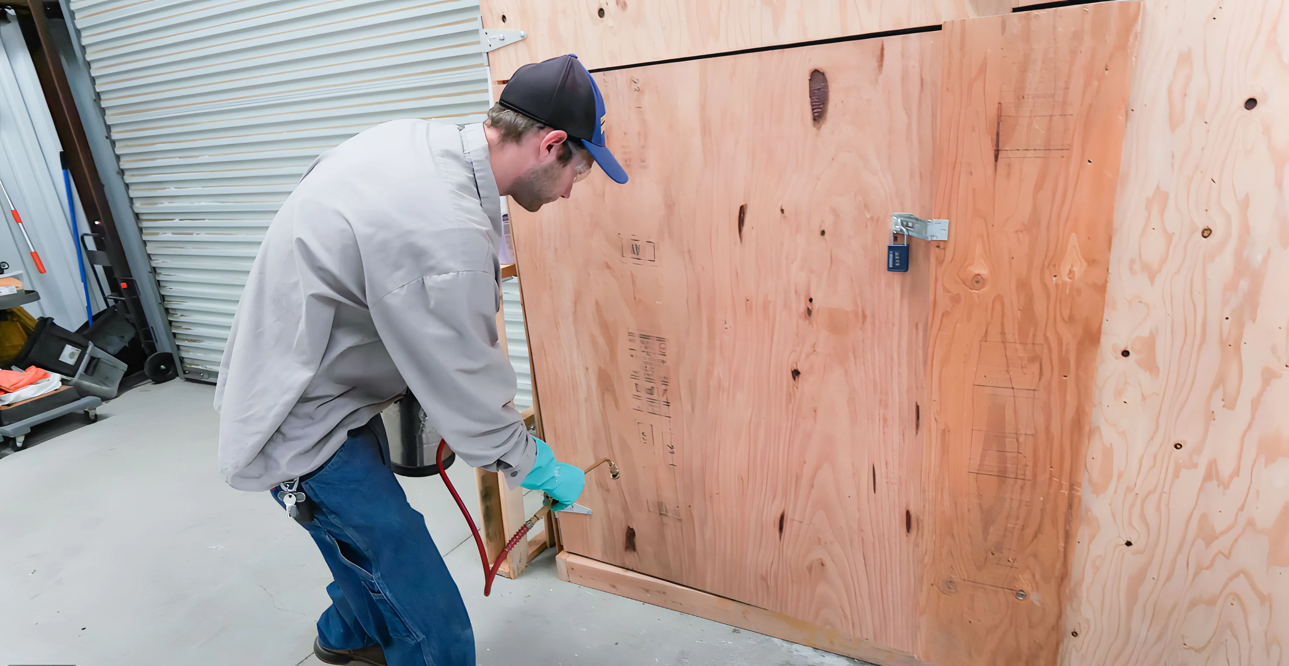 A pest control technician from Armed Force Pest Control, Inc. in Middletown applying treatment to a wooden structure inside a storage area.