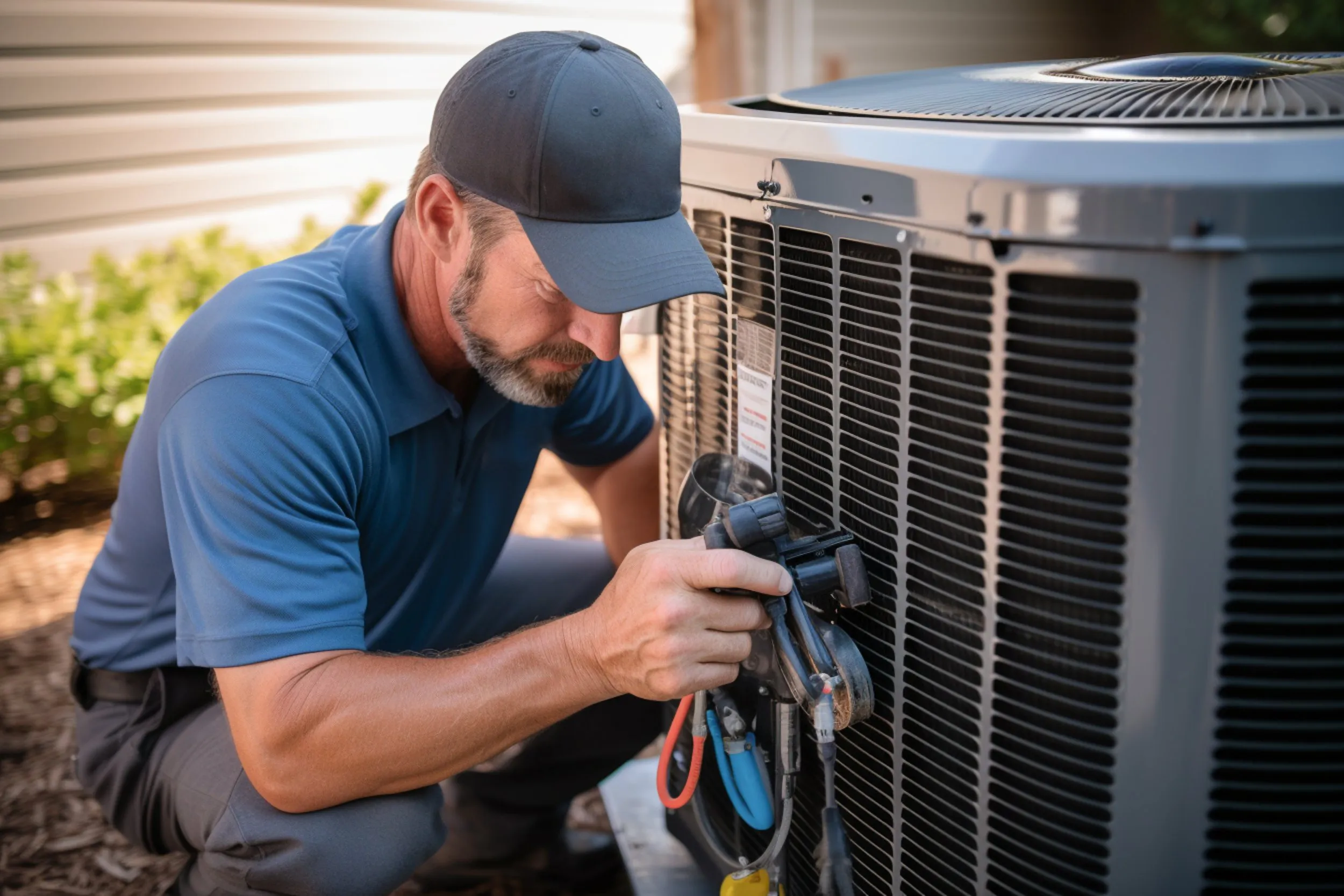 A technician in a blue shirt and cap servicing an air conditioning unit outdoors, representing Art's Heating & Cooling in Pleasanton.