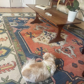 A cozy room in Santa Cruz with a colorful rug, wooden coffee table, a book, a device, and a small dog resting peacefully on the rug.