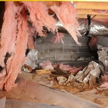 Damaged insulation in an attic with exposed fiberglass and debris, highlighting a need for professional insulation solutions.