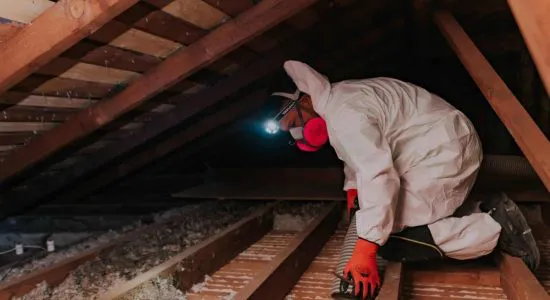 A professional in protective gear inspecting an attic space with a headlamp, representing AtticPros' services in Oakland.