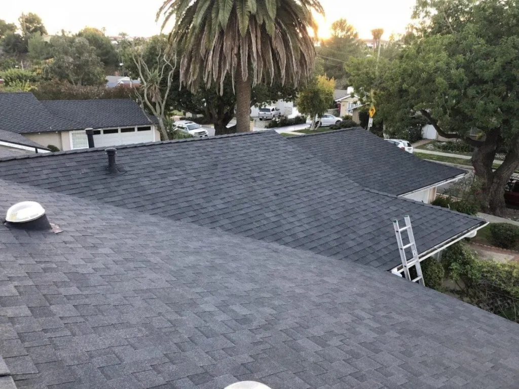 "View of a newly constructed roof with dark shingles by Atticare Construction in San Leandro, featuring a ladder and trees in the background."