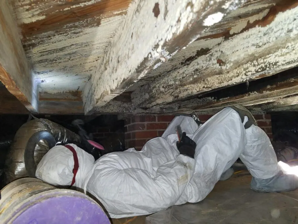 Individual in protective suit working in a confined, dusty crawl space, inspecting or repairing structures.