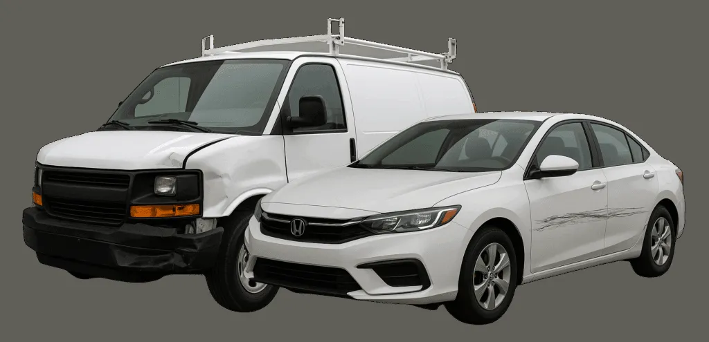 A white van with front-end damage and a white sedan with side scratches, showcasing repair needs at B2 Perfection Auto Body in Sunnyvale.