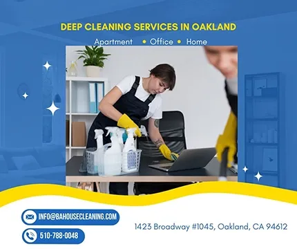 A person in cleaning attire is wiping a table next to various cleaning supplies, highlighting BA House Cleaning services in Castro Valley.