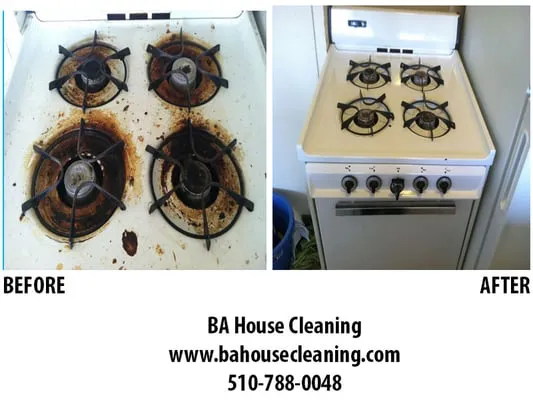 A before-and-after image showing a stove cleaned by BA House Cleaning in Castro Valley. The left side displays a dirty stove, while the right side showcases the same stove impeccably clean.