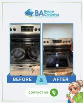 Side-by-side comparison of a dirty stove before and after cleaning by BA House Cleaning in Castro Valley, showcasing a significant improvement in cleanliness.