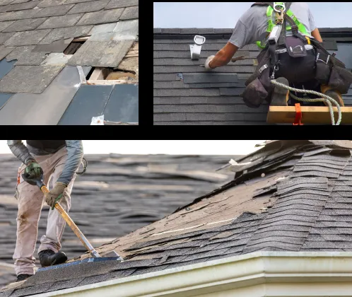 Images of roofing work being conducted, including shingle adjustments, by Bay 101 Roofing, Inc. in Alviso.
