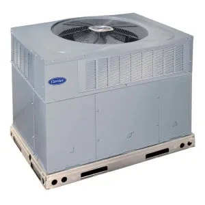 Image of a Carrier brand air conditioning unit placed on a pallet.