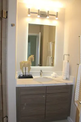 A modern bathroom vanity with a mirror, lights, white towels, and a decorative horse statue, expertly designed by Best Construction in San Jose.
