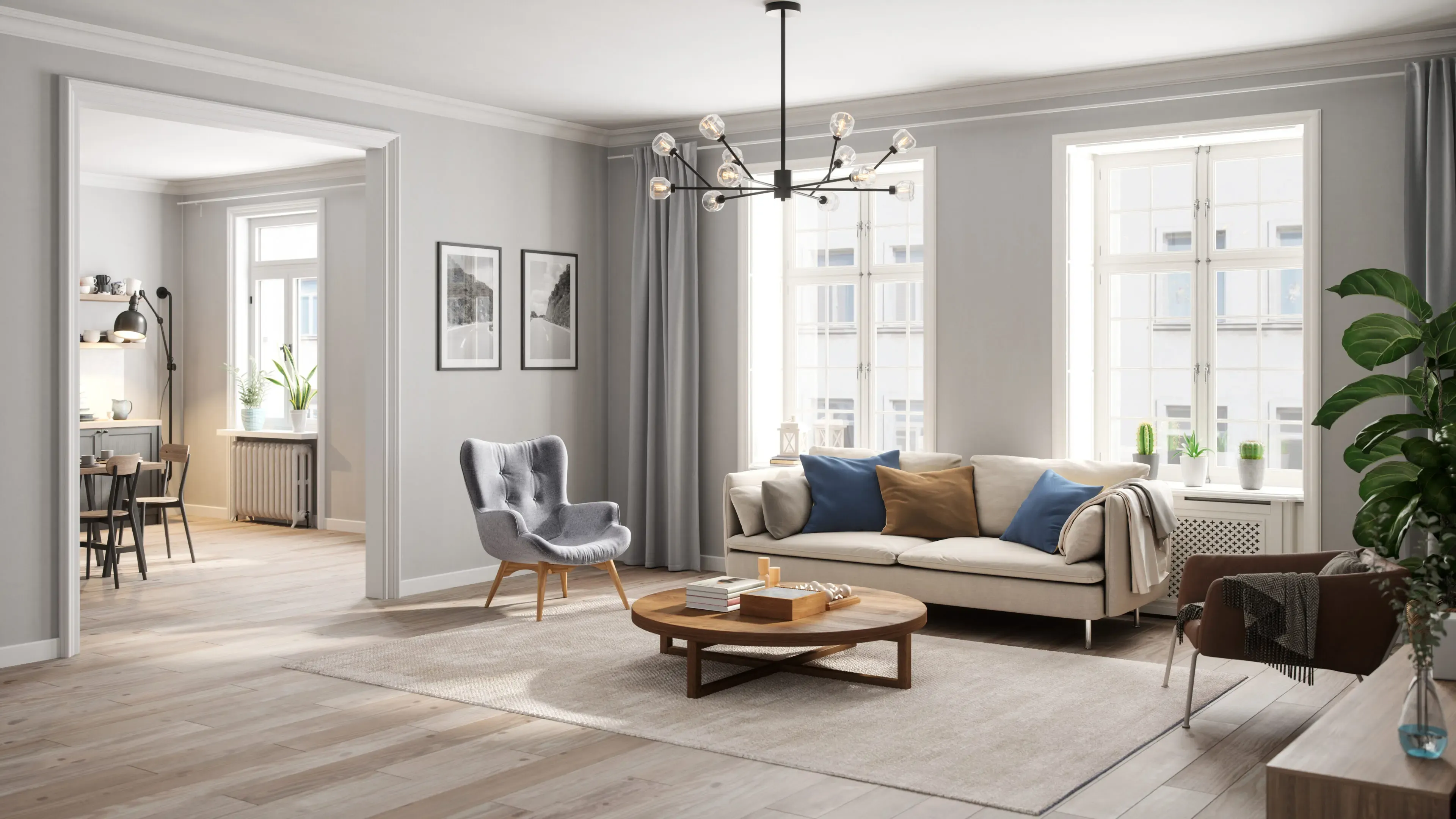 Modern living room with stylish furniture, large windows, and open dining area by Best Construction in San Jose.