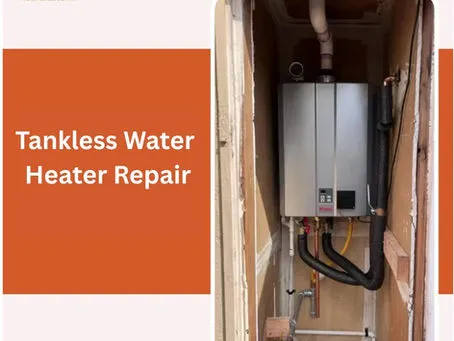 An image showing a tankless water heater installed in a narrow space, with text reading "Tankless Water Heater Repair."