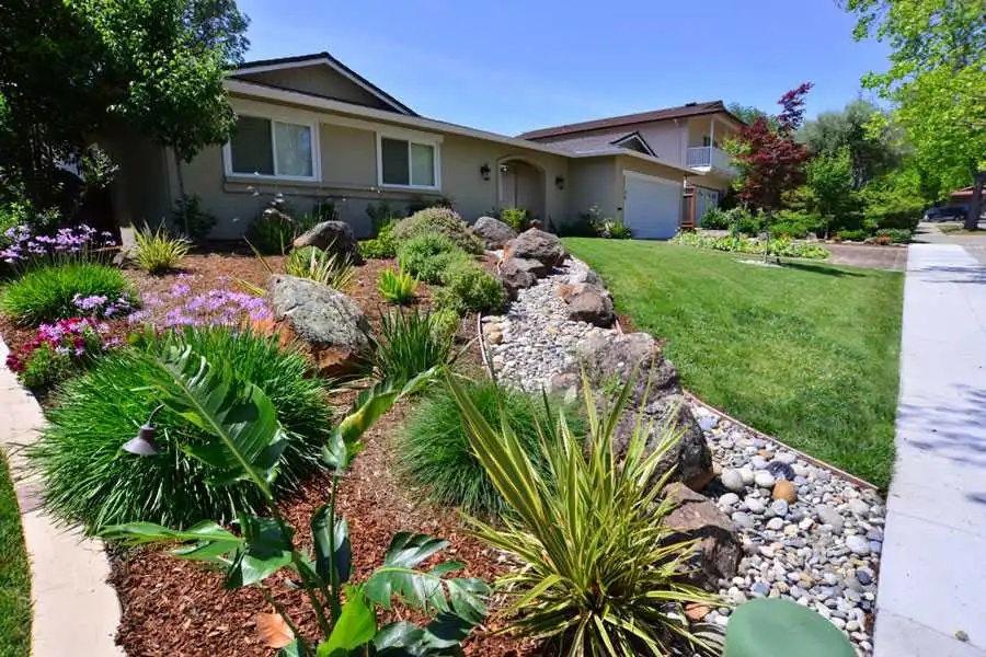 A beautifully landscaped front yard in San Jose featuring lush greenery, flowering plants, rocks, and a stone path, designed by Black Diamond Paver Stones & Landscape, Inc.