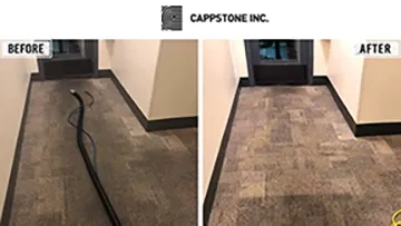 Before and after comparison of a hallway showcasing Cappstone, Inc.'s cleaning services, with a cord on the floor in the 'before' image and a tidy space in the 'after' image.
