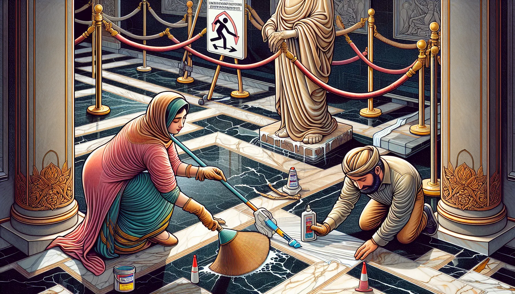 Illustration of two workers cleaning a marble floor with a statue and velvet ropes in the background, representing the services of Castles Home Service in Salinas.