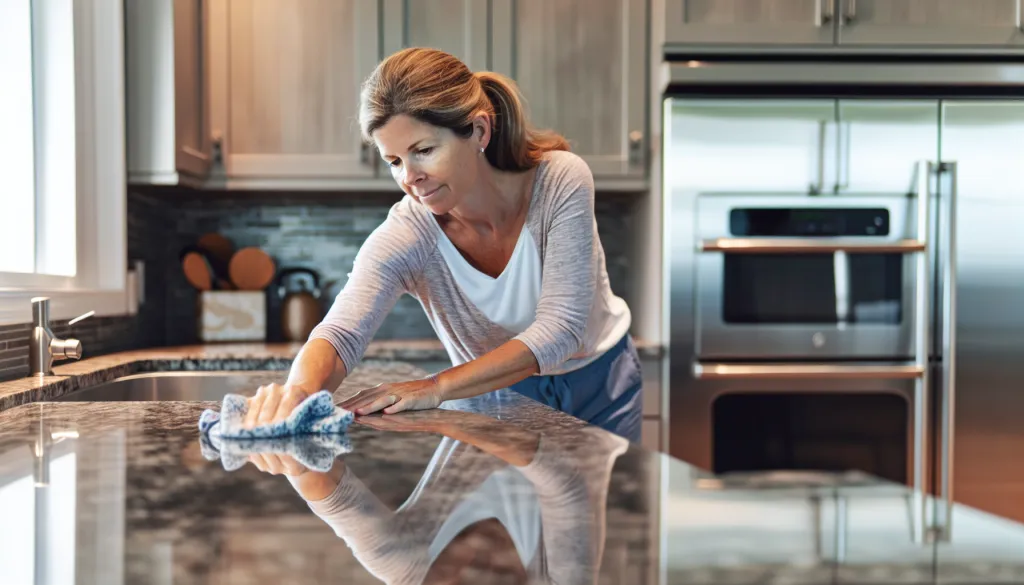 A person cleaning a kitchen countertop with a blue cloth, in a modern kitchen setting.