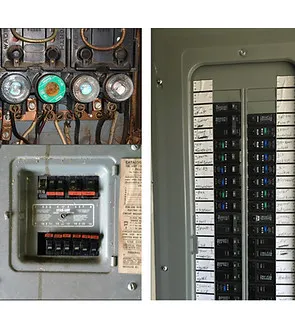 Image showing two electrical panels; one with older components on the left and a modern circuit breaker panel on the right, representing the expertise of Chasov Electrical, Voice & Data in San Francisco.