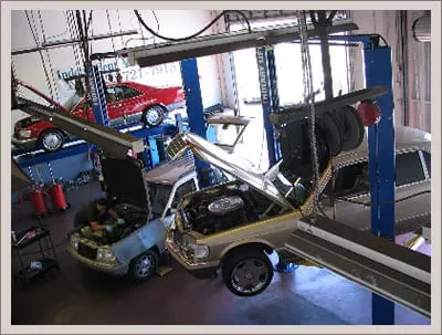 Image of a bustling auto repair shop with multiple cars on hydraulic lifts undergoing maintenance at Collie Autoworks in San Rafael.