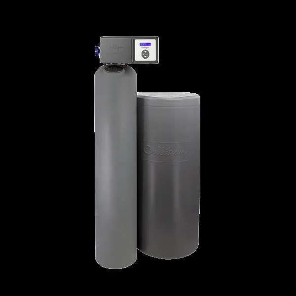 A gray Culligan water softener system with two connected cylindrical units, showcasing advanced water purification technology.