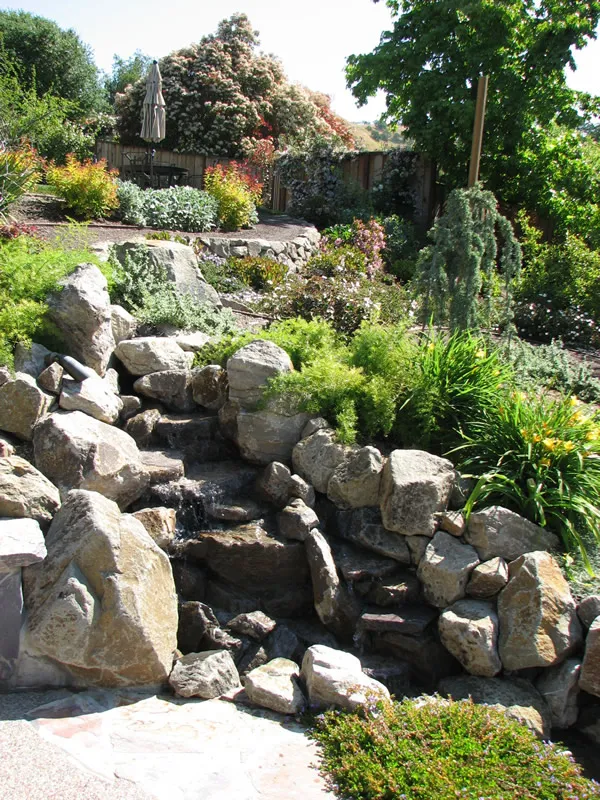 A landscaped garden featuring a cascading rock waterfall, surrounded by lush greenery and flowering plants, designed by Dana Lund Landscaping in San Ramon.