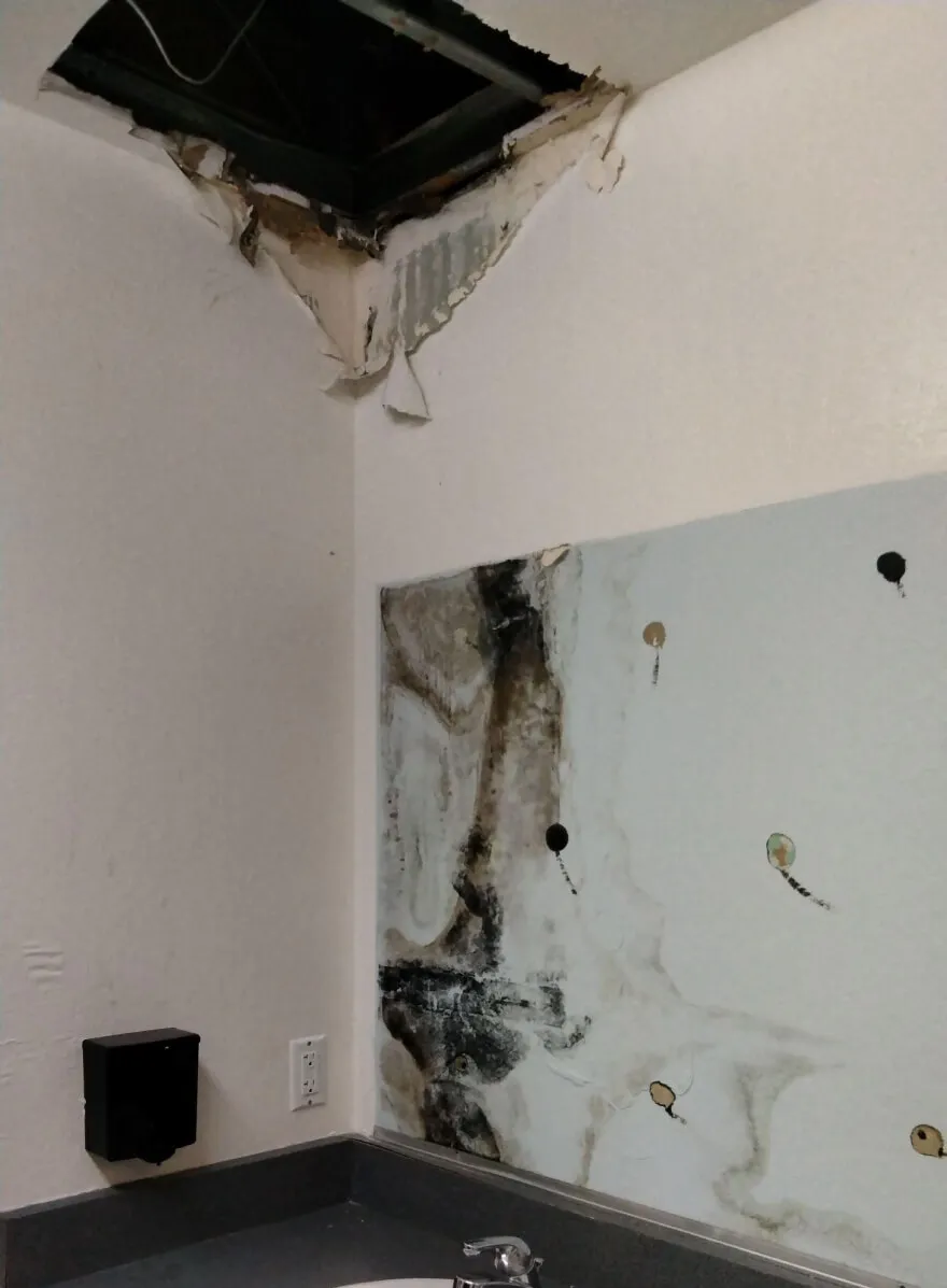 "Image of a damaged bathroom with a hole in the ceiling and moldy patches on the wall, illustrating the type of repairs handled by Dansel Restoration Inc. in San Jose."