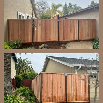 Two images displaying newly installed wooden fences by Duce Construction, Inc. in Walnut Creek, showing high-quality craftsmanship and design in a residential setting.