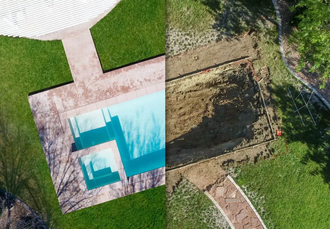 Aerial view split image showing an empty construction site on the right and a completed swimming pool on the left, with green grass surrounding both areas.