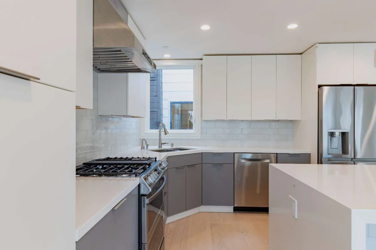 Modern kitchen with sleek white and grey cabinets, stainless steel appliances, and a bright, spacious layout designed by Edri Construction in Walnut Creek.