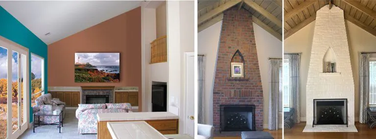 A series of three images showcasing interior home transformations: a living room with colorful walls, a brick fireplace, and the same fireplace painted white, demonstrating El Gato Painting & Restoration, Inc.'s work in Mountain View.