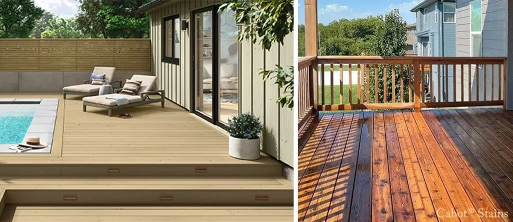 A comparison of two outdoor deck areas; one with light beige wood stain next to a pool, and the other with a rich, dark wood stain, showcasing different finishes by El Gato Painting & Restoration, Inc. in Mountain View.
