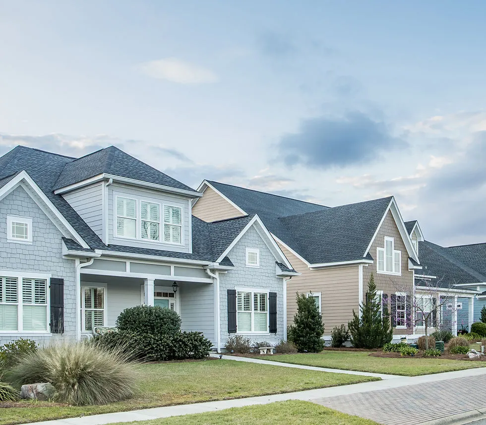 Row of suburban houses with well-maintained lawns and cloudy skies above in a neighborhood setting.