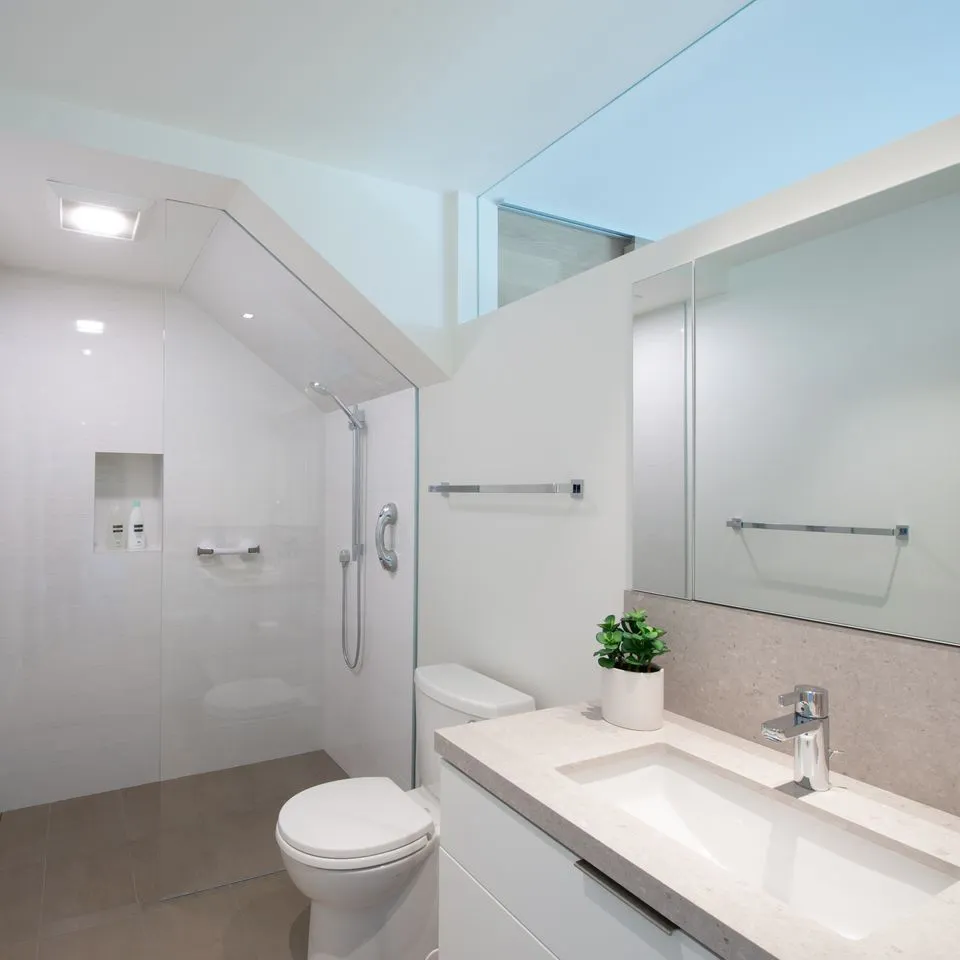 A modern bathroom with a glass shower, white fixtures, a plant on the countertop, and clean, minimalist design.
