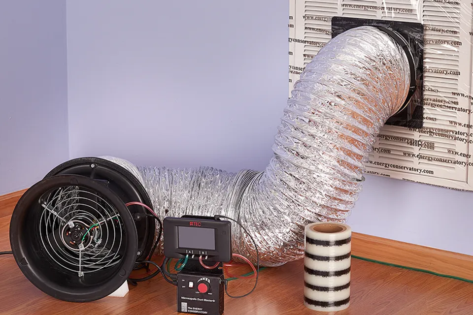 A duct system connected to a vent with monitoring equipment on a wooden floor, showcasing air conditioning technology by Enviro Heating & Air Conditioning, Inc. in Rohnert Park.