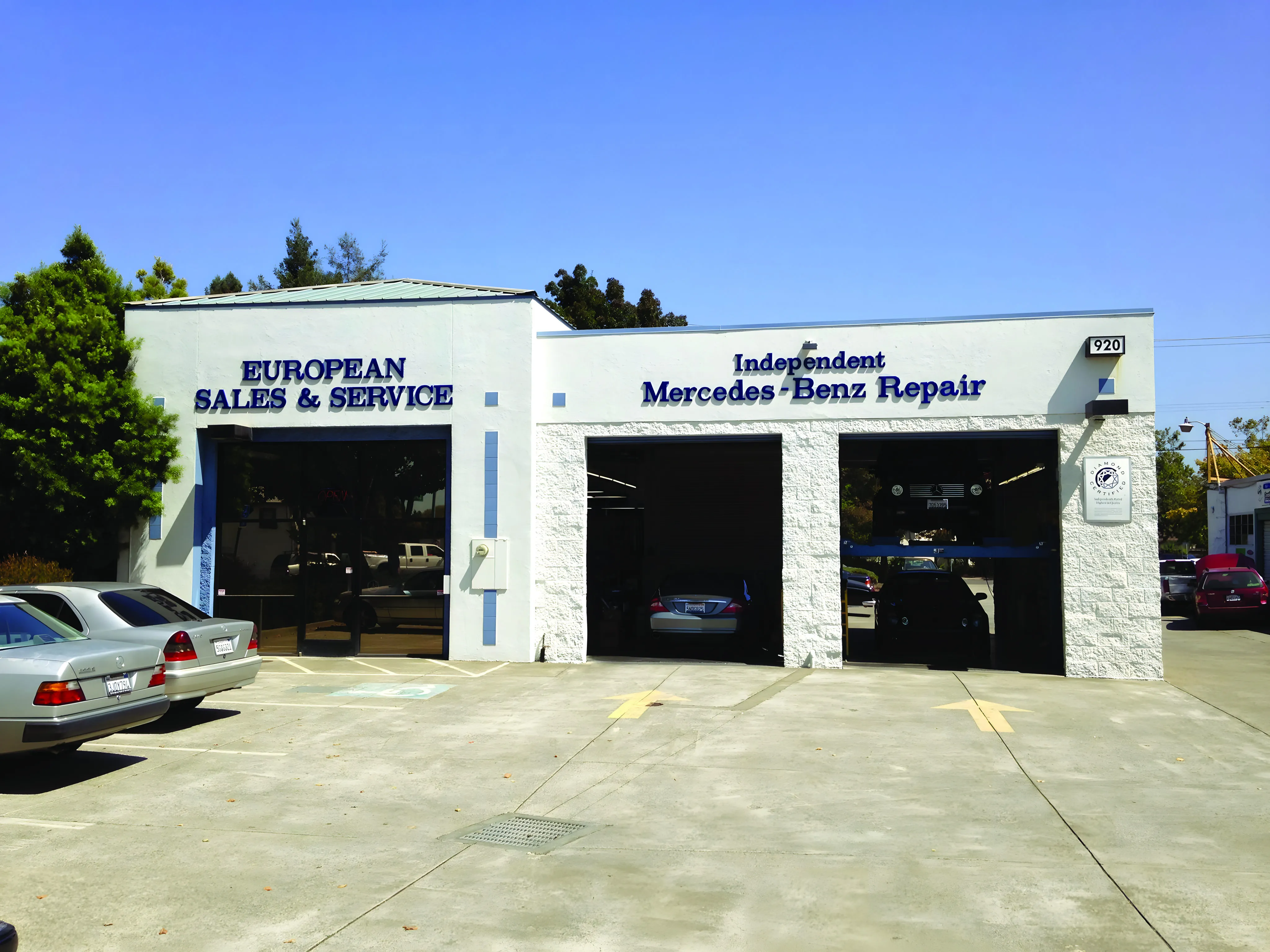 Image of the European Sales & Service building in Santa Rosa, featuring an entrance and garage labeled as "Independent Mercedes-Benz Repair."